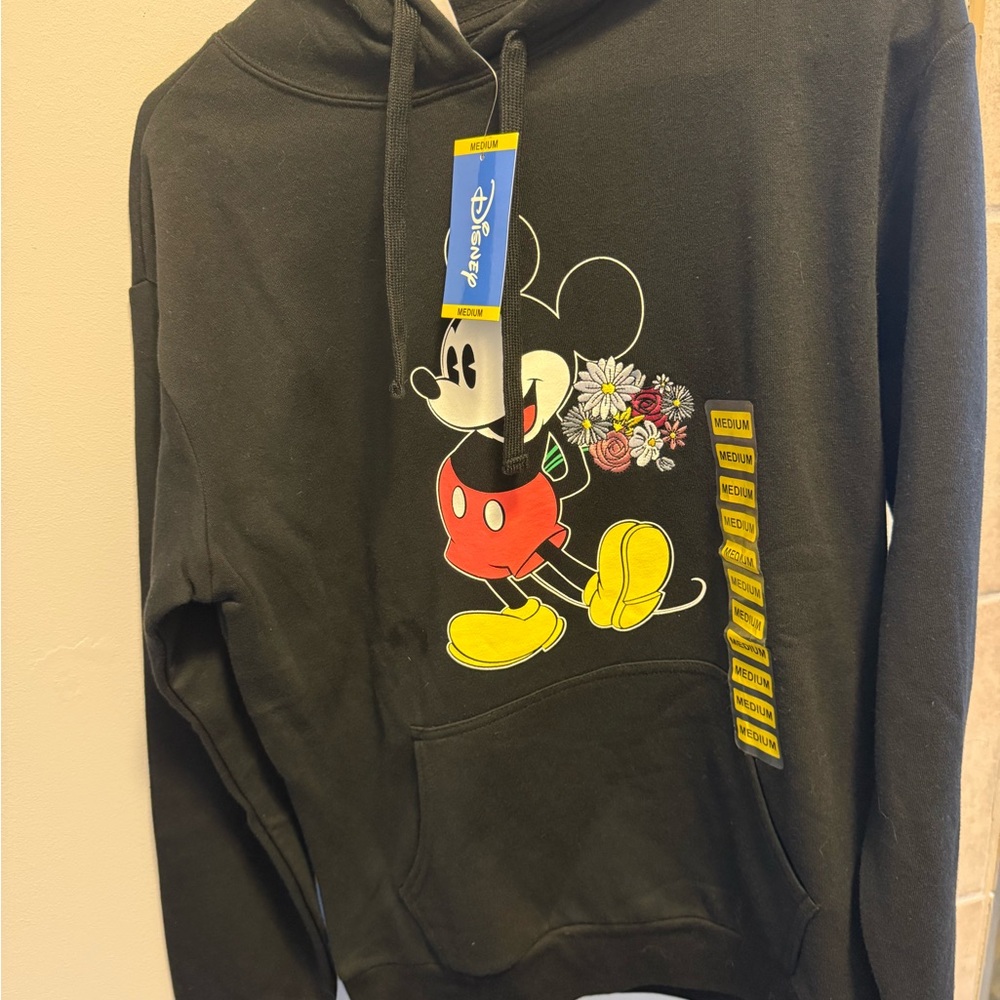 Disney Mickey Mouse Black Hoodie with Floral Bouquet Graphic